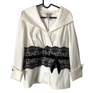 Jackie Jon New York‎ Formal Cream Blouse with Black Lace and Ribbon Waist Trim